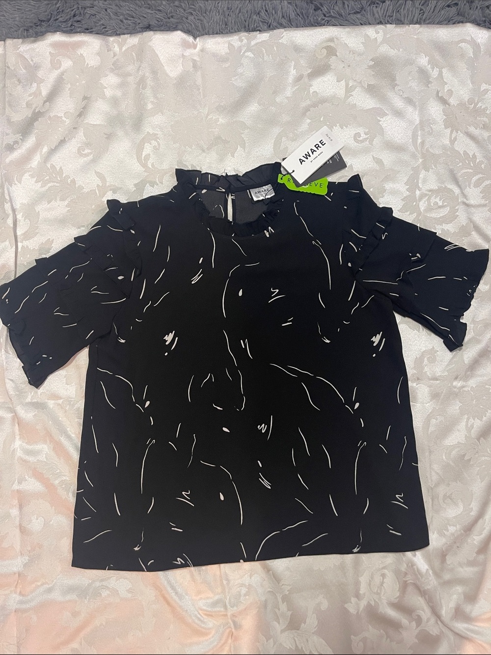 Vero Moda Black Cold-Shoulder Ruffle Top with Cream Scribble Print